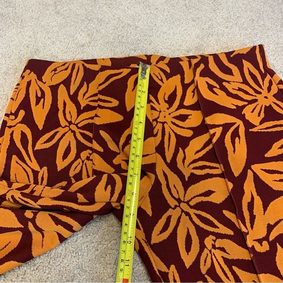 Zara red orange flared floral tropical Jacquard stretchy pants Sz L - Picture 8 of 12